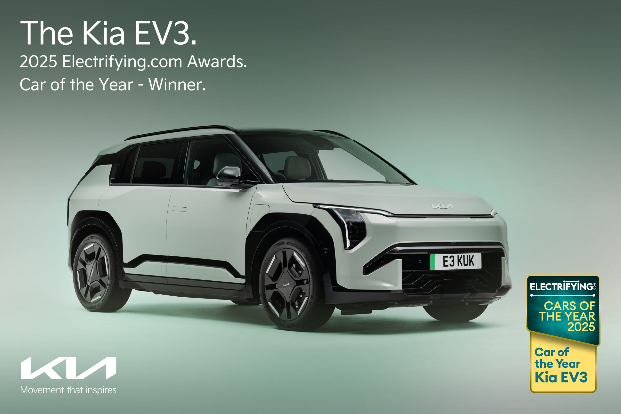 Image of the Kia EV3 - winner of the Car of the Year at Electrifying.com Awards.