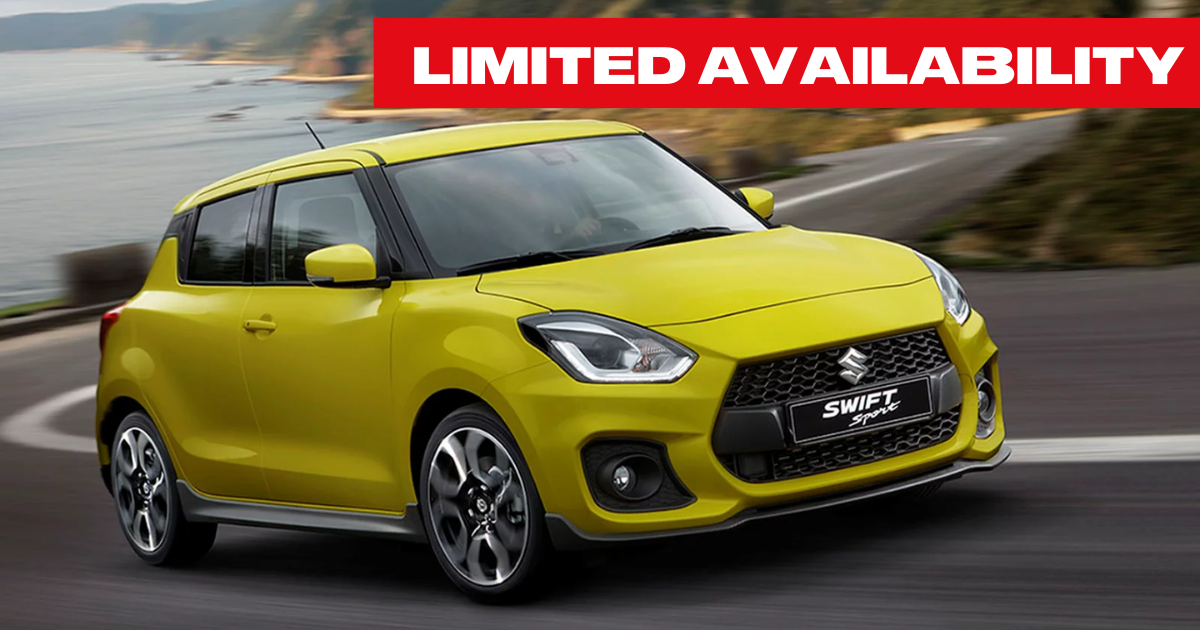 Image of Suzuki Swift Sport with banner which says "limited availability"