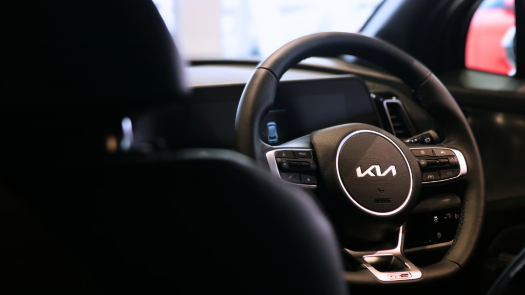 Steering wheel inside Kia Sportage.